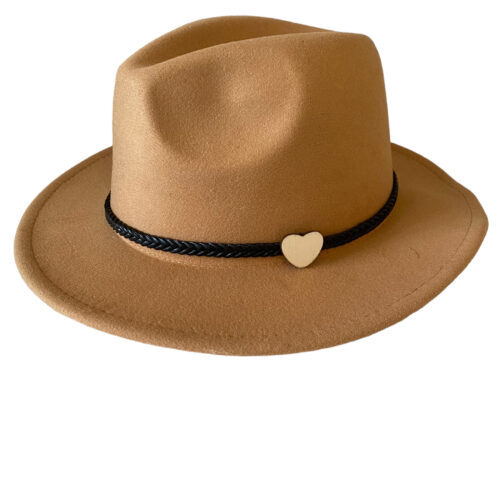 Camel coloured fedora hat with lovely trim and heart detail. Check out our range of millinery made feather pins to add to these hats to add that touch of class to these fedora hats.